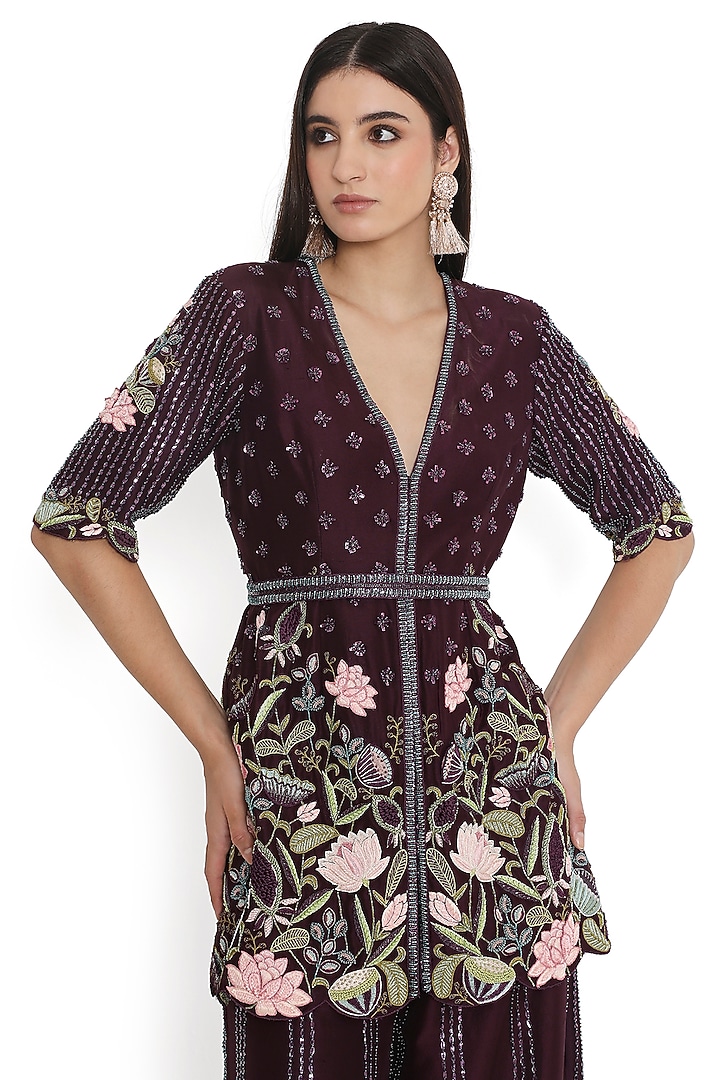Purple Dupion Silk Embroidered Kurta Set by Payal Singhal at Pernia's Pop Up Shop