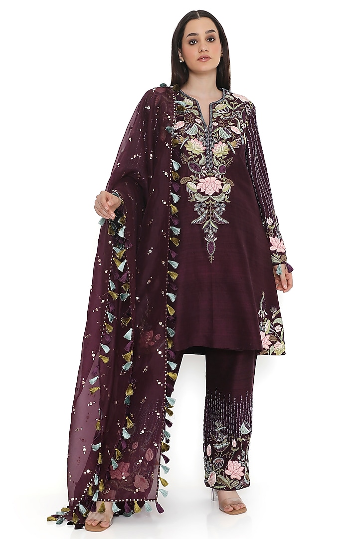 Purple Dupion Silk Embroidered Kurta Set by Payal Singhal at Pernia's Pop Up Shop