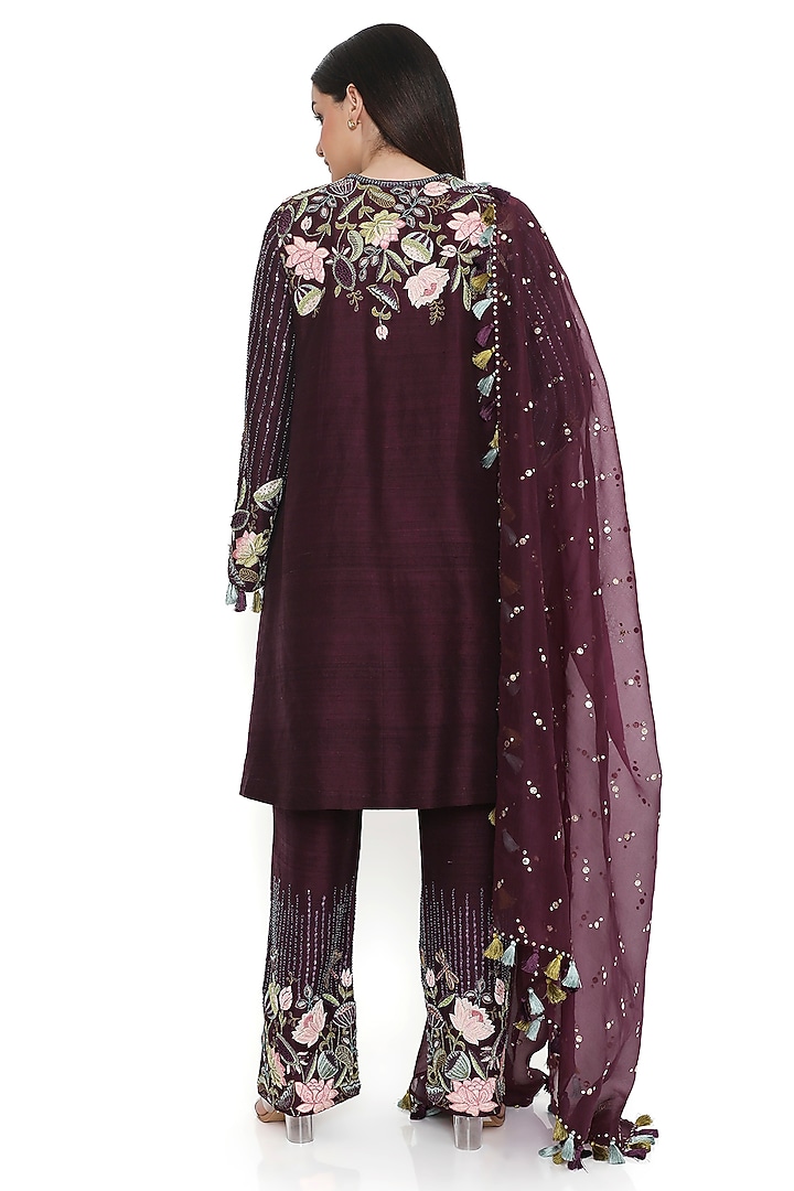 Purple Dupion Silk Embroidered Kurta Set by Payal Singhal at Pernia's Pop Up Shop