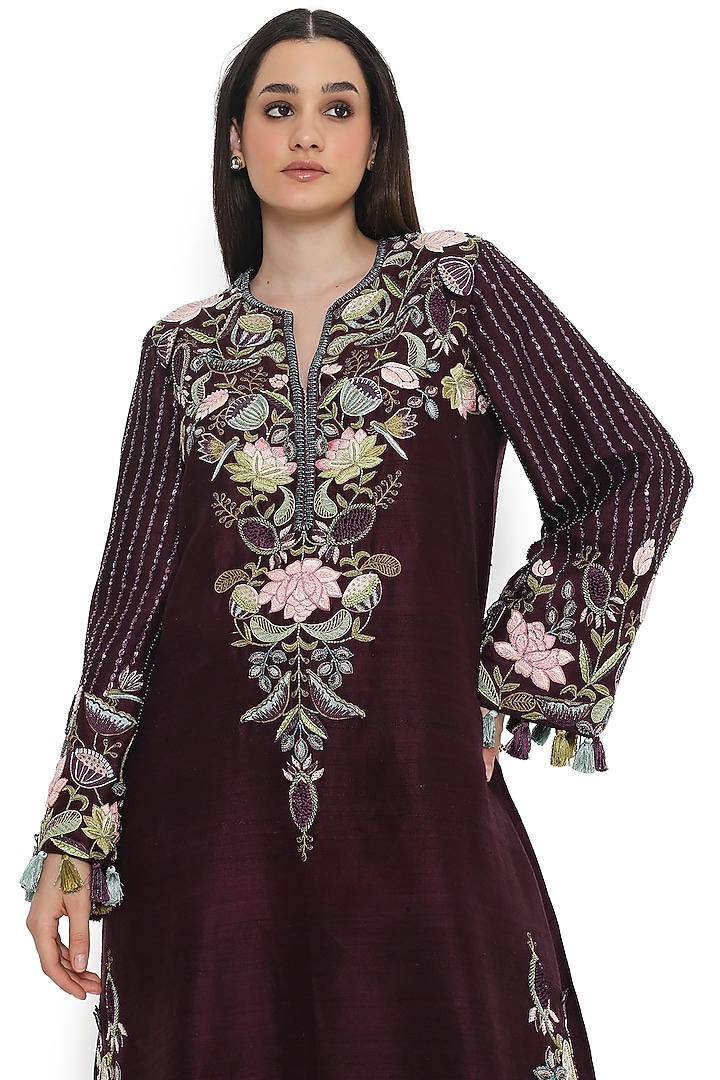 Purple Dupion Silk Embroidered Kurta Set by Payal Singhal at Pernia's Pop Up Shop