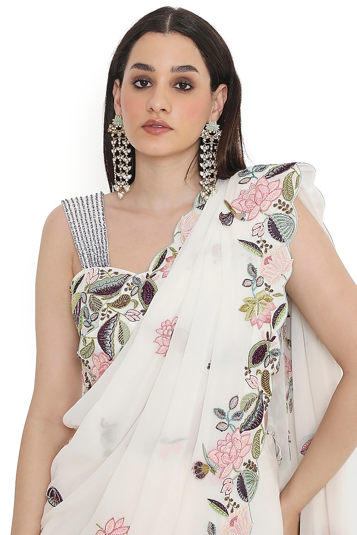 Ivory Georgette Embroidered Bridal Saree Set by Payal Singhal at Pernia's Pop Up Shop