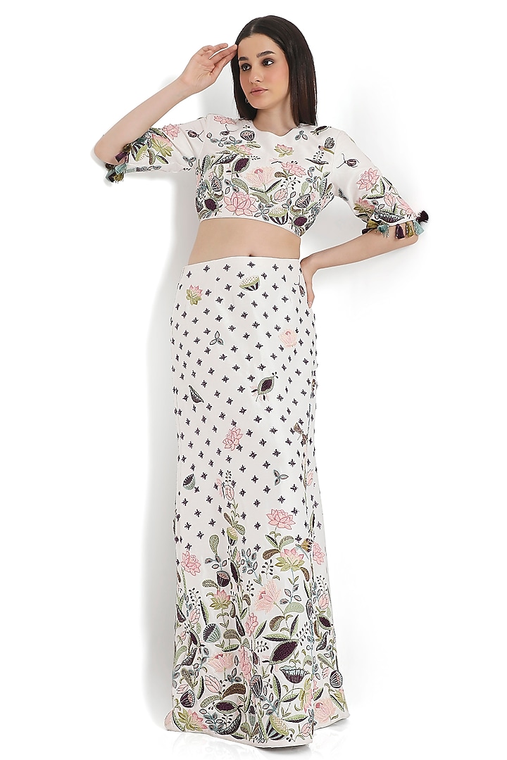 Ivory Dupion Silk Embroidered Skirt Set by Payal Singhal at Pernia's Pop Up Shop