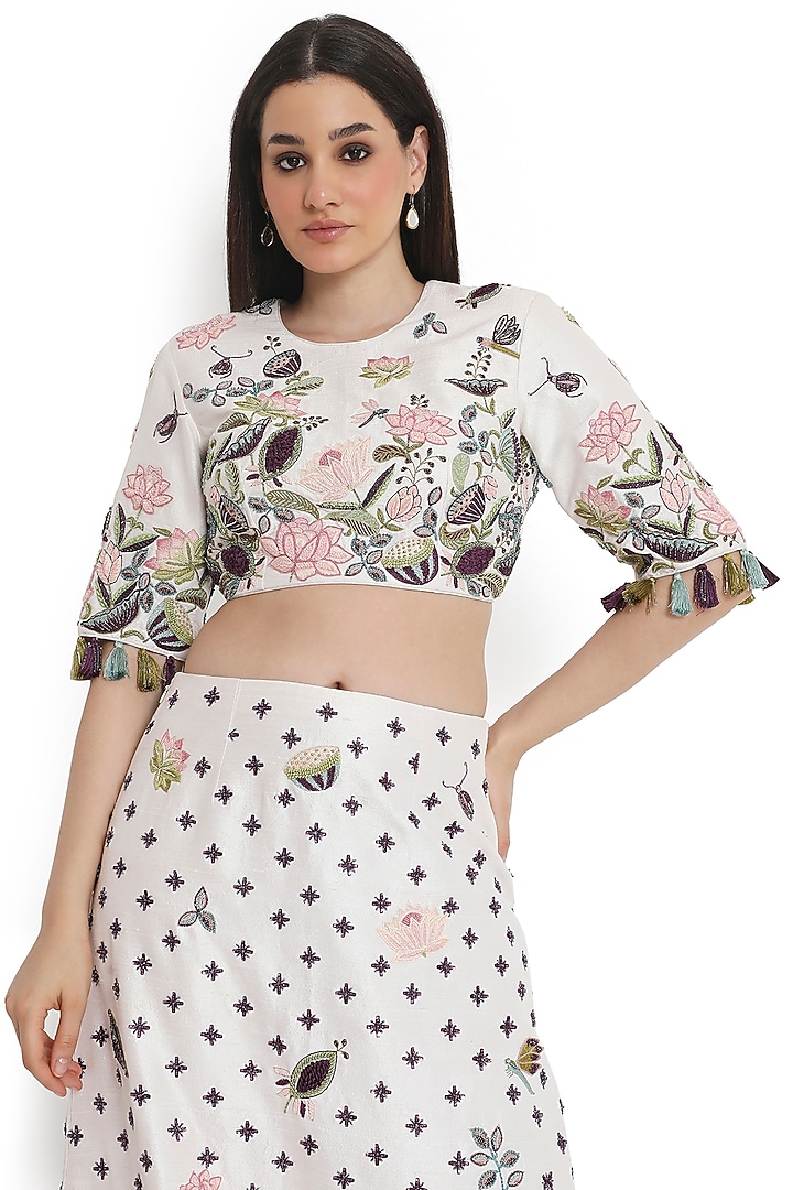 Ivory Dupion Silk Embroidered Skirt Set by Payal Singhal at Pernia's Pop Up Shop