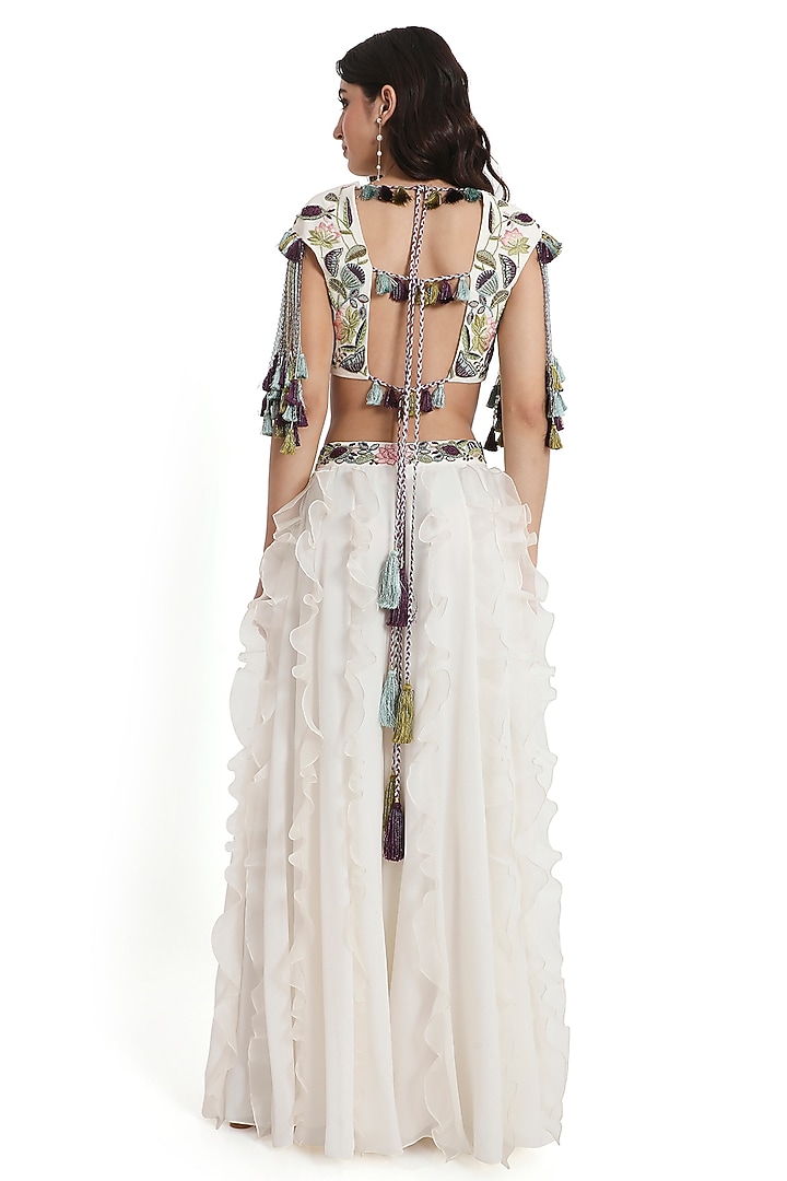Ivory Georgette Ruffled Bridal Sharara Set by Payal Singhal at Pernia's Pop Up Shop