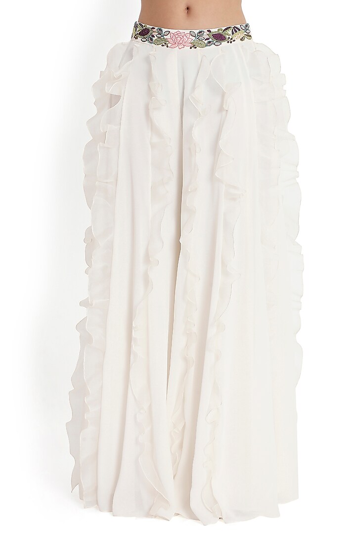 Ivory Georgette Ruffled Bridal Sharara Set by Payal Singhal at Pernia's Pop Up Shop