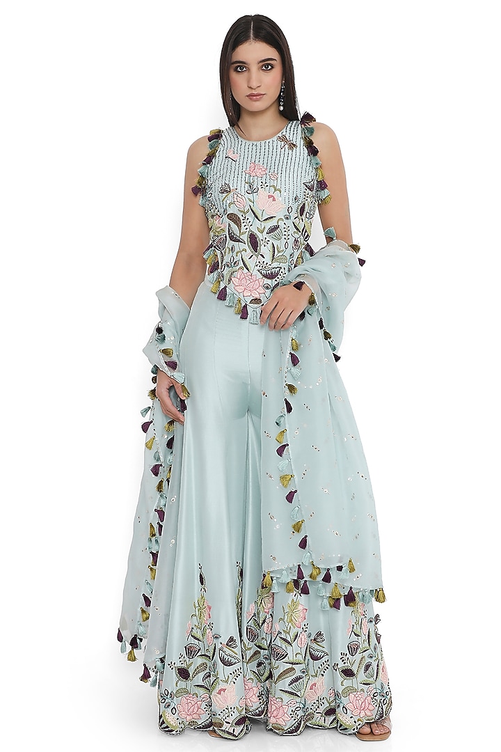 Powder Blue Dupion Silk Embroidered Sharara Set by Payal Singhal at Pernia's Pop Up Shop