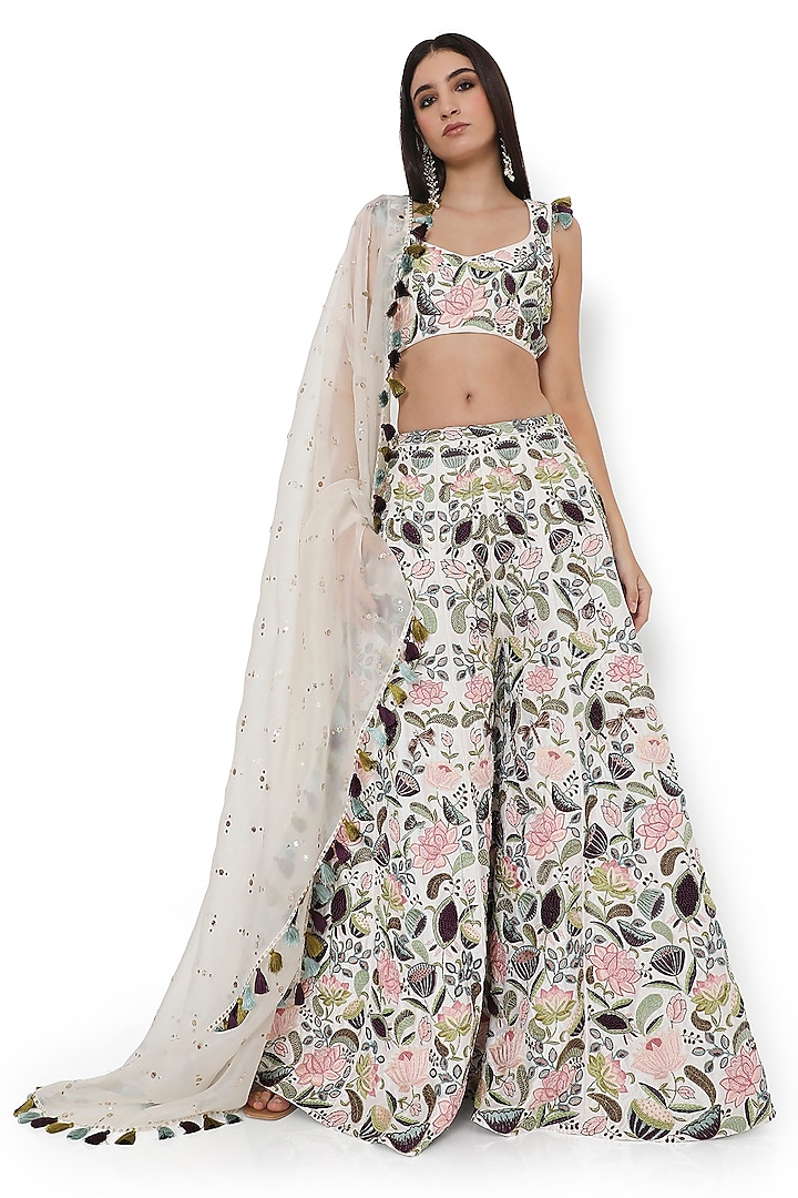 Ivory Dupion Silk Embroidered Sharara Set by Payal Singhal at Pernia's Pop Up Shop