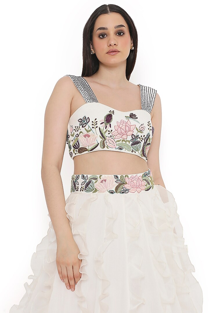Ivory Georgette Ruffled Wedding Lehenga Set by Payal Singhal at Pernia's Pop Up Shop