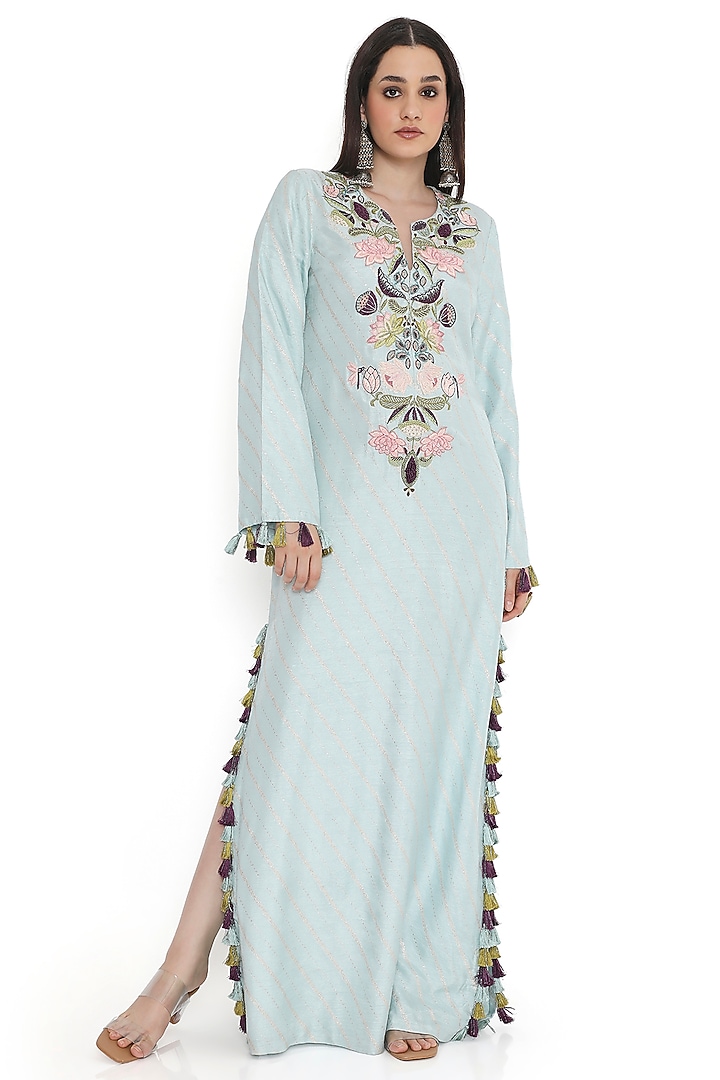 Powder Blue Dola Silk Embroidered Kaftan by Payal Singhal at Pernia's Pop Up Shop
