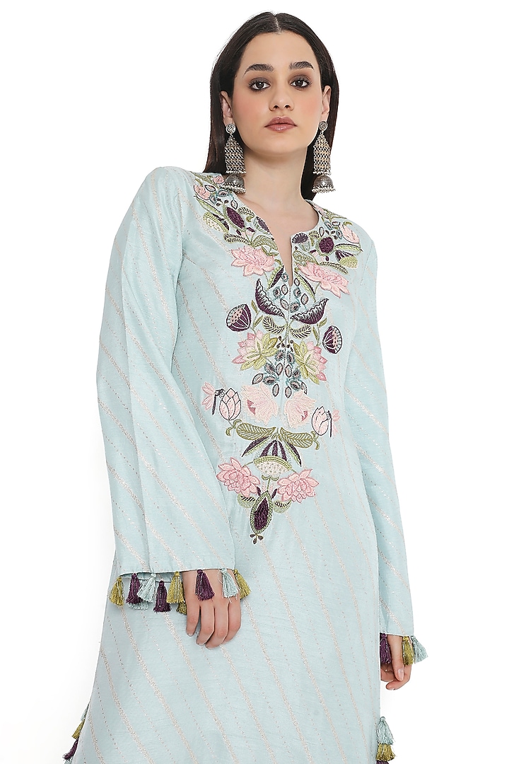 Powder Blue Dola Silk Embroidered Kaftan by Payal Singhal at Pernia's Pop Up Shop