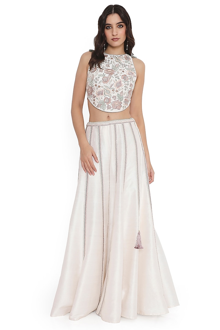 Ivory Dupion Silk Embroidered Bridal Sharara Set by Payal Singhal at Pernia's Pop Up Shop