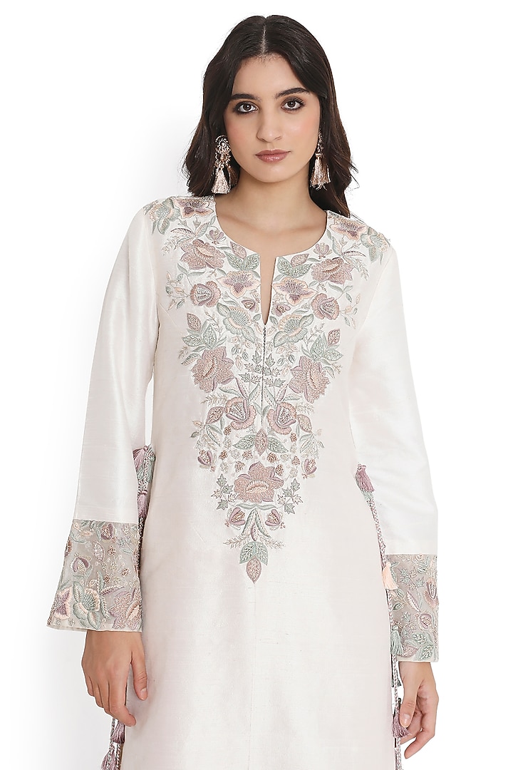 Ivory Dupion Silk Embroidered Kurta Set by Payal Singhal at Pernia's Pop Up Shop