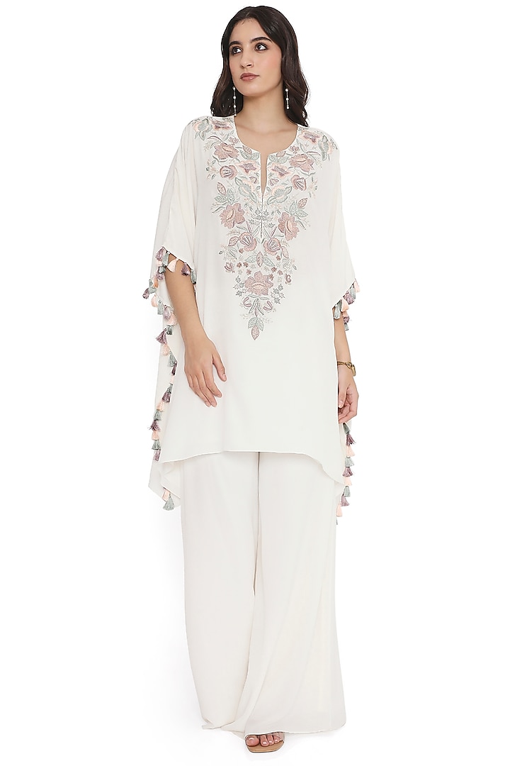 Ivory Crepe Embroidered Kaftan Set by Payal Singhal at Pernia's Pop Up Shop