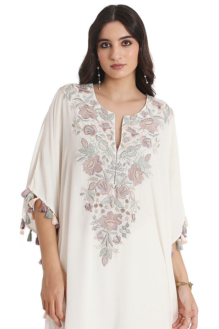 Ivory Crepe Embroidered Kaftan Set by Payal Singhal at Pernia's Pop Up Shop
