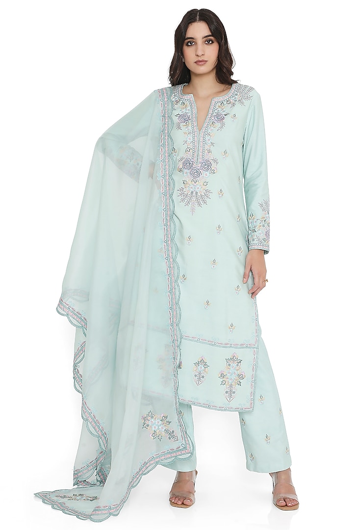 Powder Blue Cotton Silk Embroidered Kurta Set by Payal Singhal at Pernia's Pop Up Shop