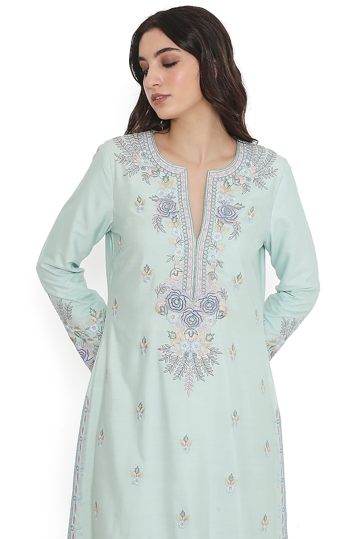 Powder Blue Cotton Silk Embroidered Kurta Set by Payal Singhal at Pernia's Pop Up Shop