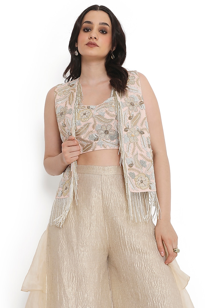Rose Pink Georgette Embroidered Jacket Set by Payal Singhal at Pernia's Pop Up Shop
