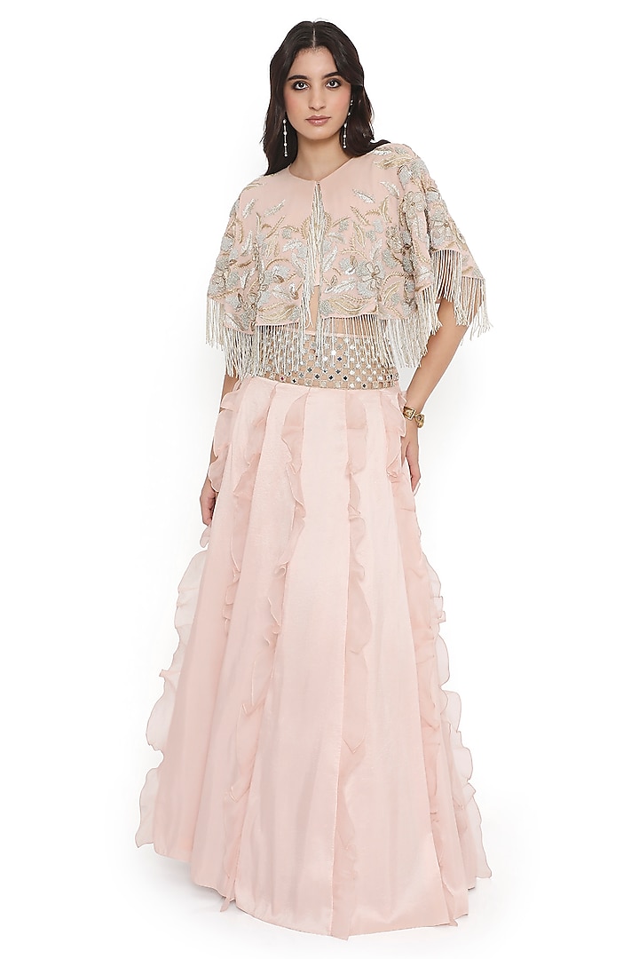 Blush Pink Georgette Ruffled Jacket Wedding Lehenga Set by Payal Singhal at Pernia's Pop Up Shop