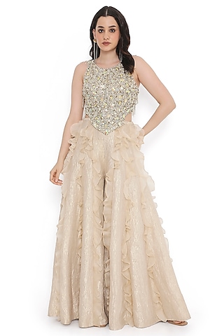 Gold Tissue Frilled Sharara Set by Payal Singhal