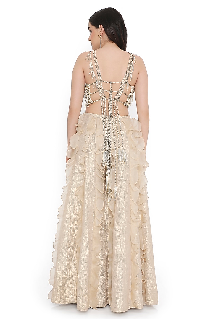 Gold Tissue Frilled Bridal Sharara Set by Payal Singhal at Pernia's Pop Up Shop