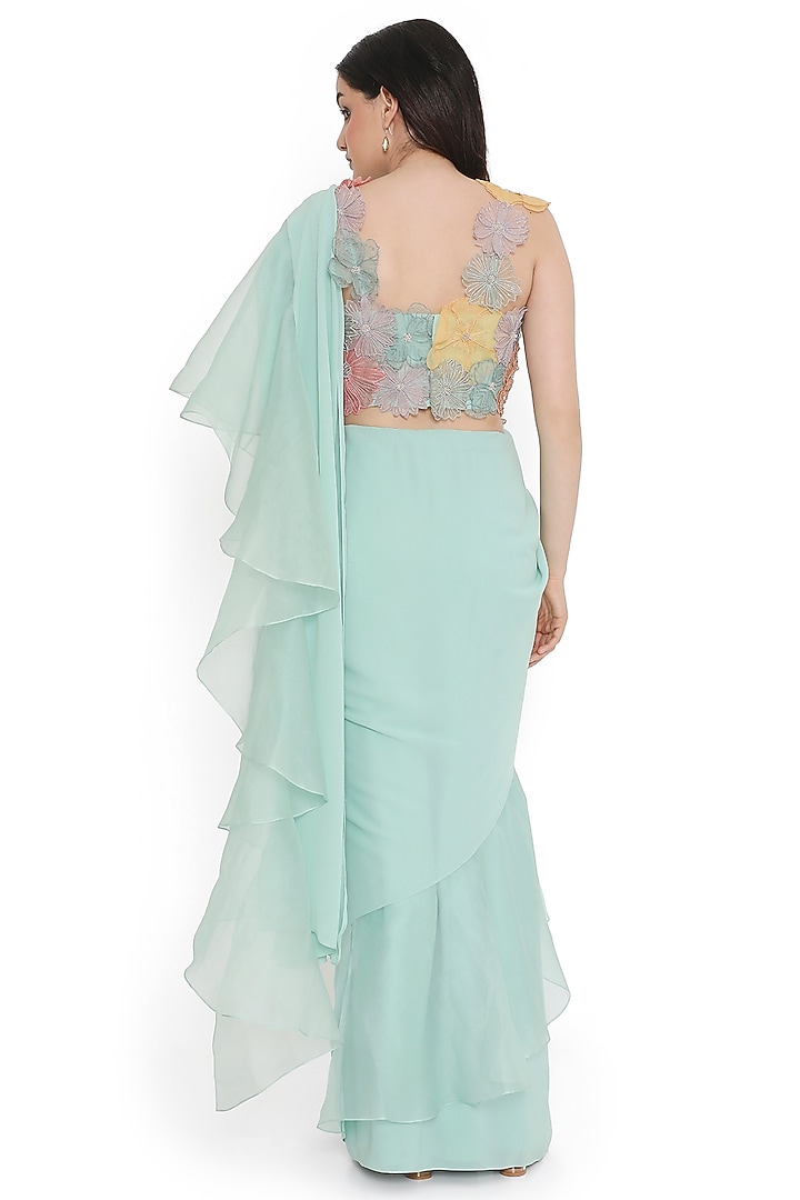Aqua Blue Georgette & Organza Ruffled Pre-Stitched Reception Saree Set by Payal Singhal at Pernia's Pop Up Shop