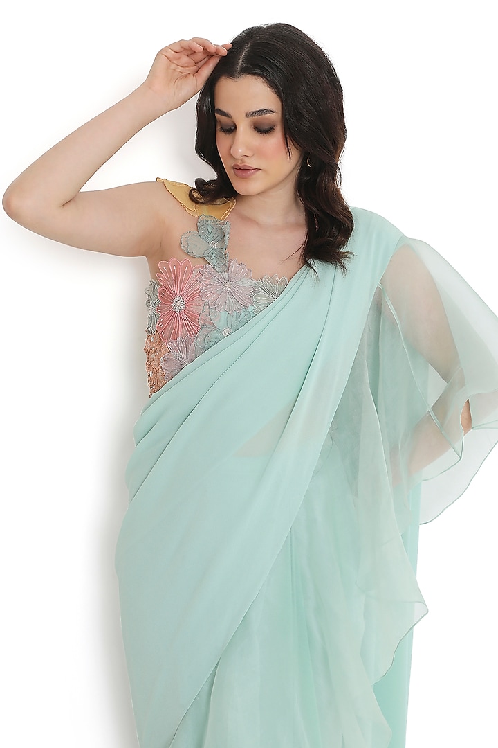 Aqua Blue Georgette & Organza Ruffled Pre-Stitched Reception Saree Set by Payal Singhal at Pernia's Pop Up Shop