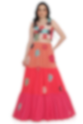 Multi-Colored Georgette 3D Floral Embroidered Layered Wedding Lehenga Set by Payal Singhal at Pernia's Pop Up Shop