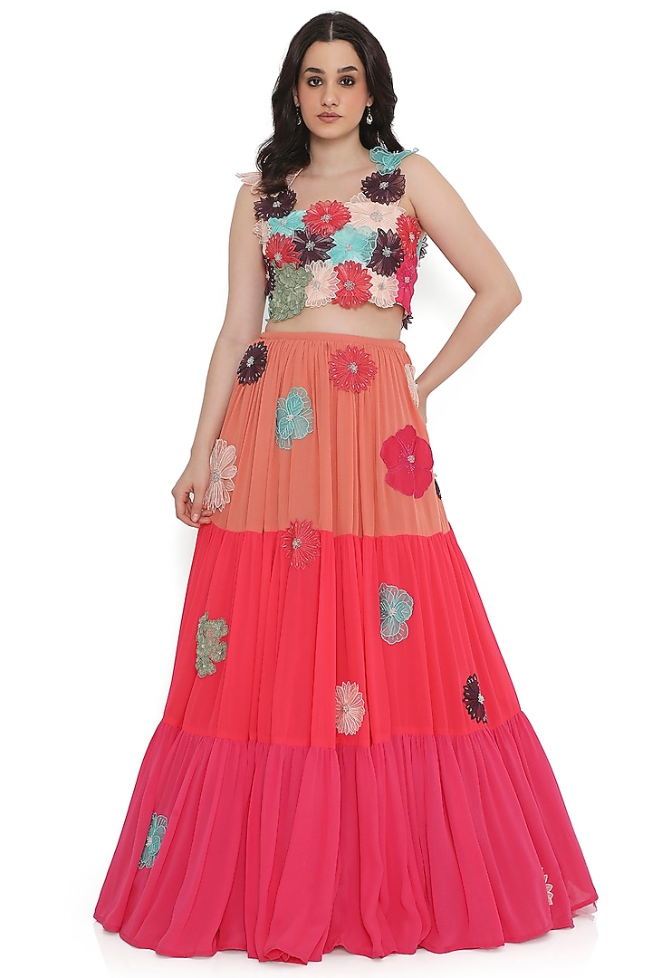 Multi-Colored Georgette 3D Floral Embroidered Layered Wedding Lehenga Set by Payal Singhal at Pernia's Pop Up Shop