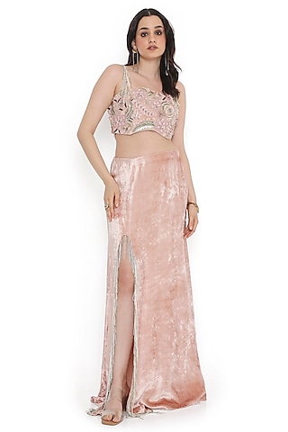 Pink Velvet Slit Skirt Set by Payal Singhal