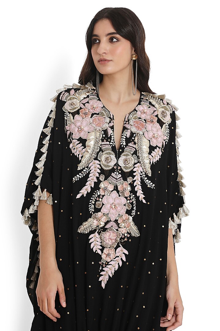 Black Mukaish Georgette Embroidered High-Low Kaftan Set by Payal Singhal at Pernia's Pop Up Shop