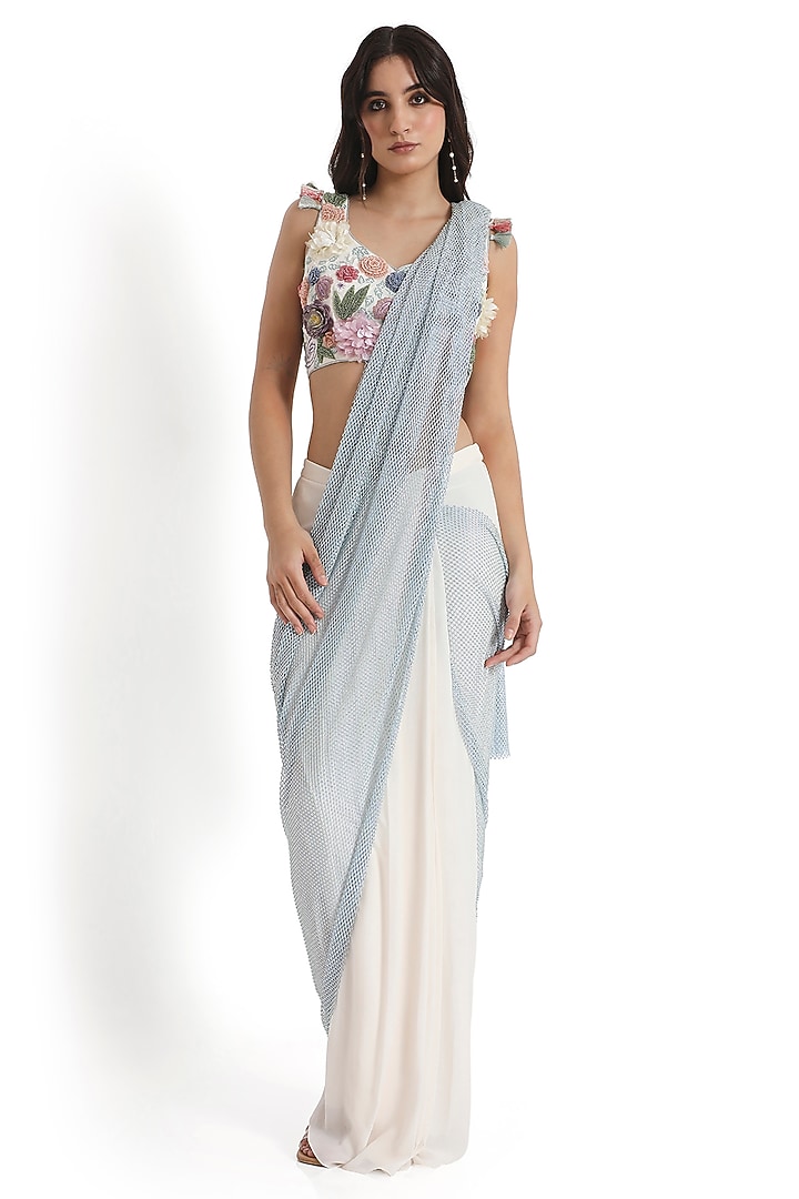 Off White & Blue Georgette Wedding Saree Set by Payal Singhal at Pernia's Pop Up Shop