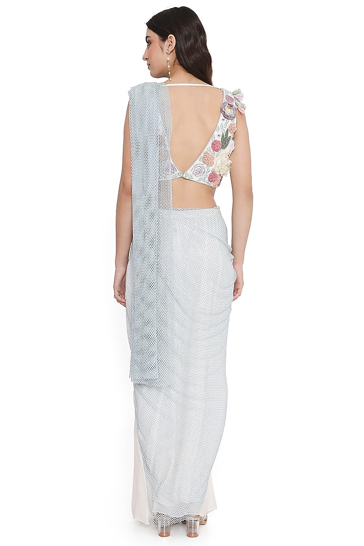 Off White & Blue Georgette Wedding Saree Set by Payal Singhal at Pernia's Pop Up Shop