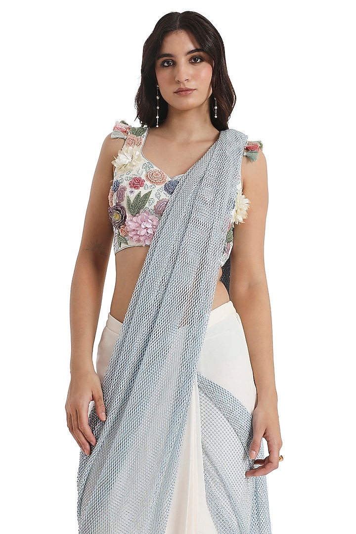Off White & Blue Georgette Wedding Saree Set by Payal Singhal at Pernia's Pop Up Shop