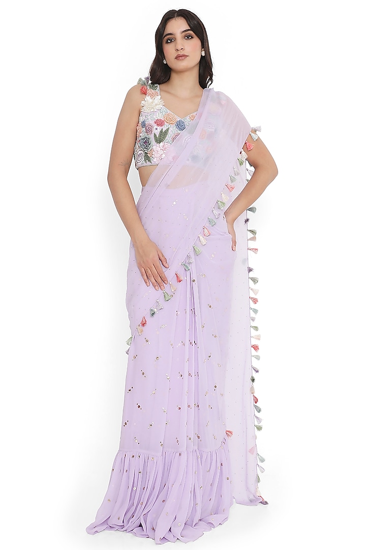 Lavender Mukaish Georgette Frilled Saree Set by Payal Singhal at Pernia's Pop Up Shop