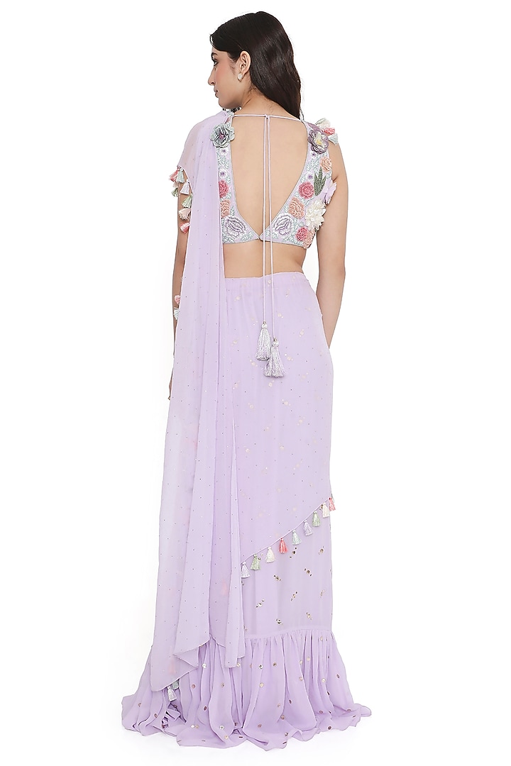 Lavender Mukaish Georgette Frilled Wedding Saree Set by Payal Singhal at Pernia's Pop Up Shop