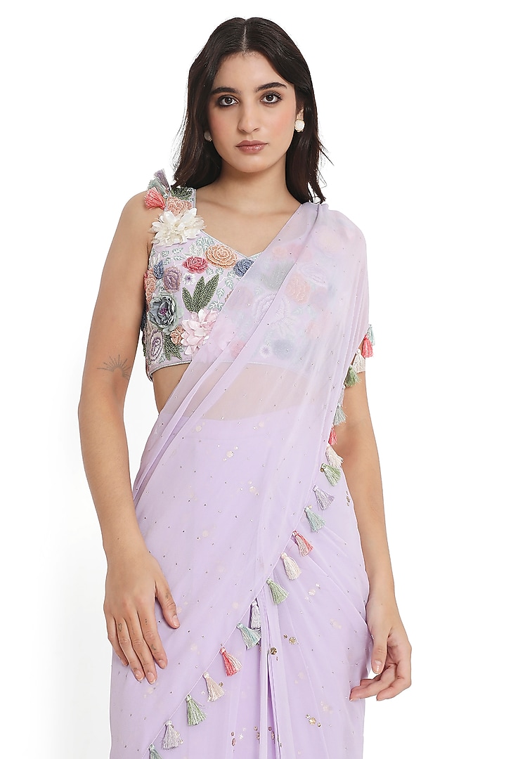 Lavender Mukaish Georgette Frilled Wedding Saree Set by Payal Singhal at Pernia's Pop Up Shop