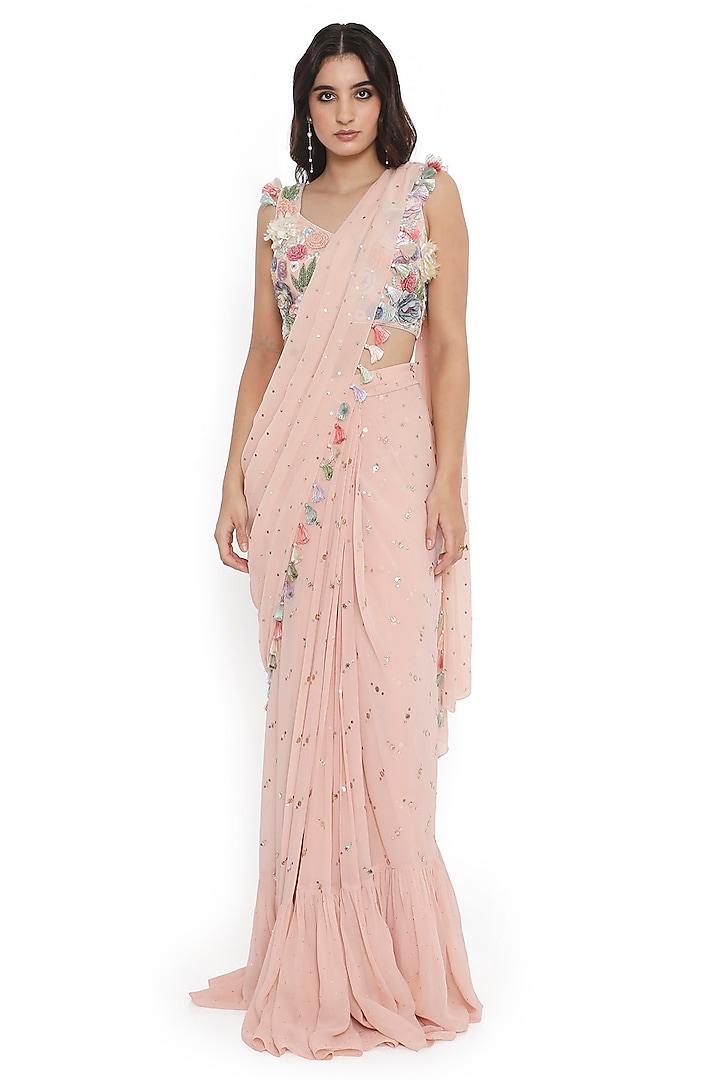 Rose Pink Mukaish Georgette Frilled Saree Set by Payal Singhal at Pernia's Pop Up Shop