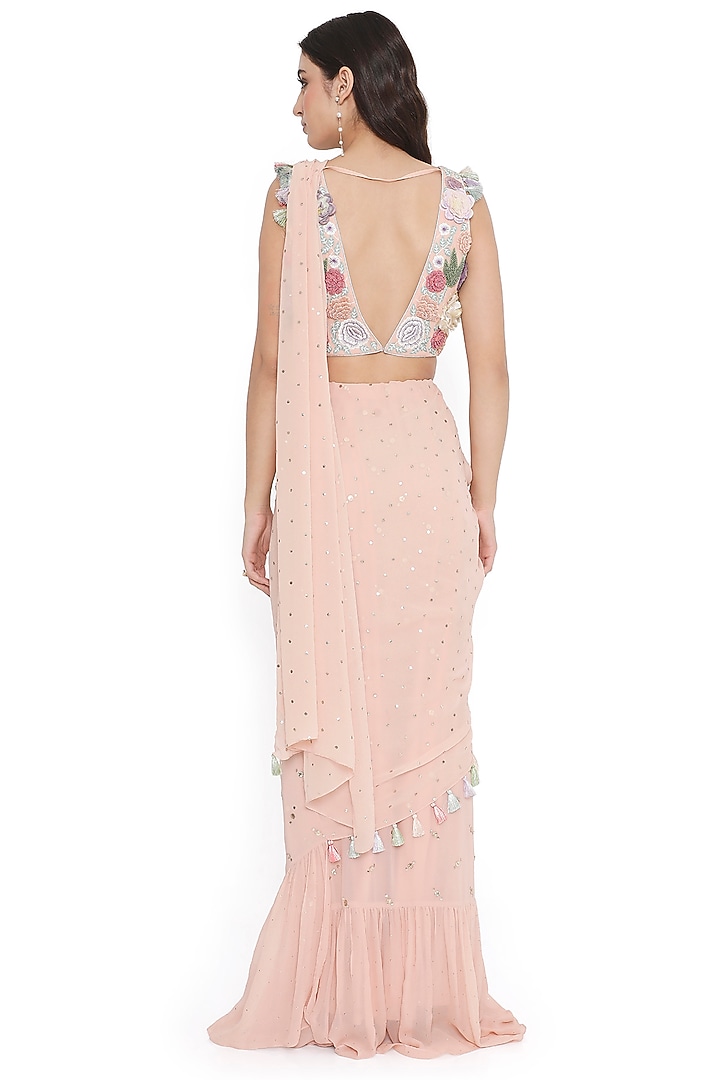 Rose Pink Mukaish Georgette Frilled Wedding Saree Set by Payal Singhal at Pernia's Pop Up Shop