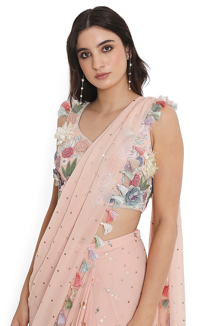 Rose Pink Mukaish Georgette Frilled Wedding Saree Set by Payal Singhal at Pernia's Pop Up Shop