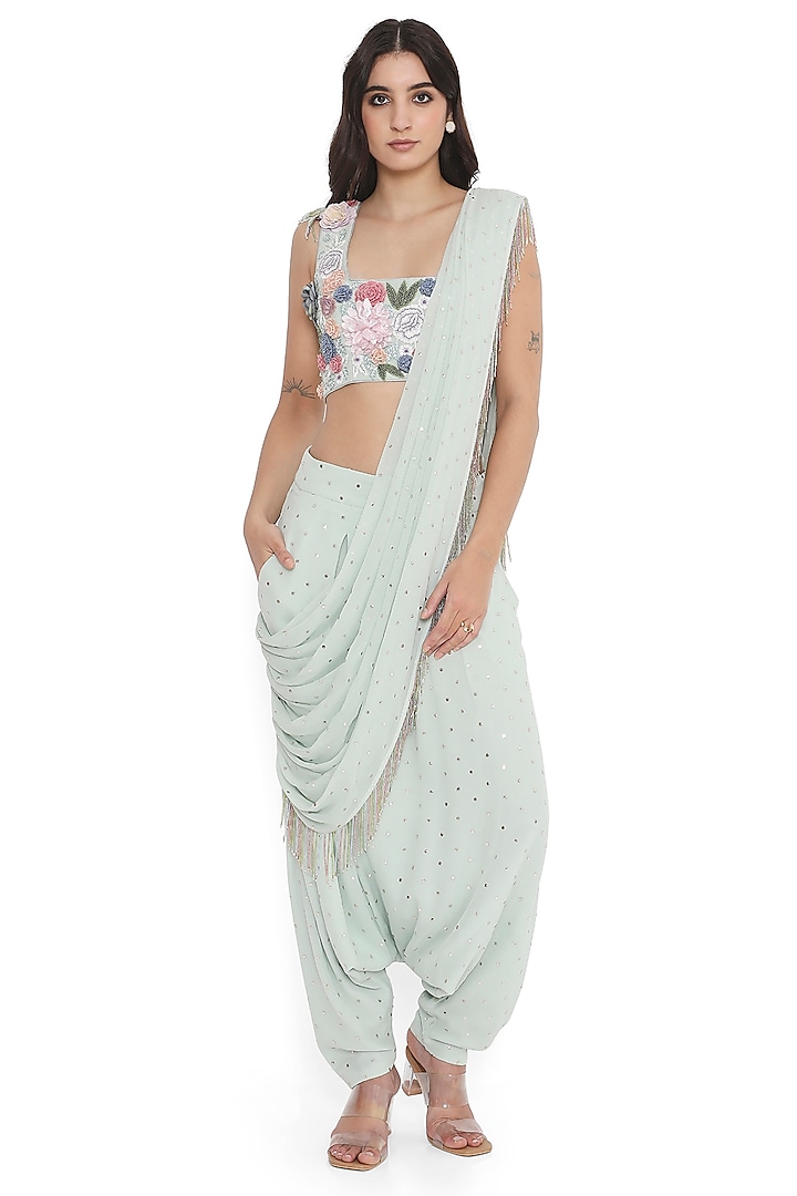 Sea Foam Mukaish Georgette Draped Dhoti Saree Set by Payal Singhal at Pernia's Pop Up Shop