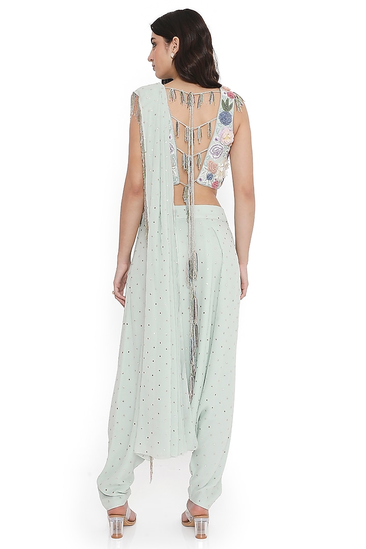 Sea Foam Mukaish Georgette Draped Dhoti Wedding Saree Set by Payal Singhal at Pernia's Pop Up Shop