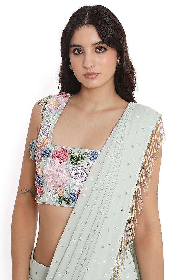 Sea Foam Mukaish Georgette Draped Dhoti Wedding Saree Set by Payal Singhal at Pernia's Pop Up Shop