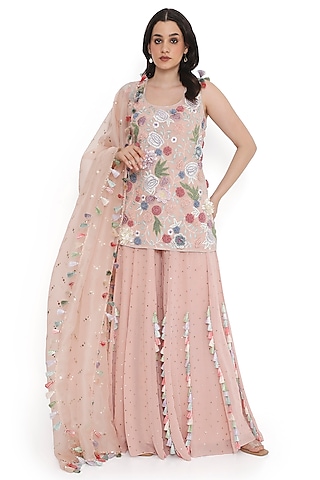 Rose Pink Mukaish Georgette Sharara Set by Payal Singhal