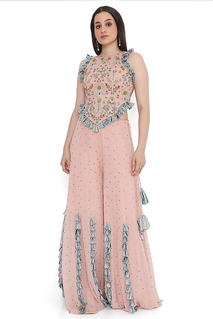 Rose Pink Mukaish Georgette Sharara Set by Payal Singhal at Pernia's Pop Up Shop