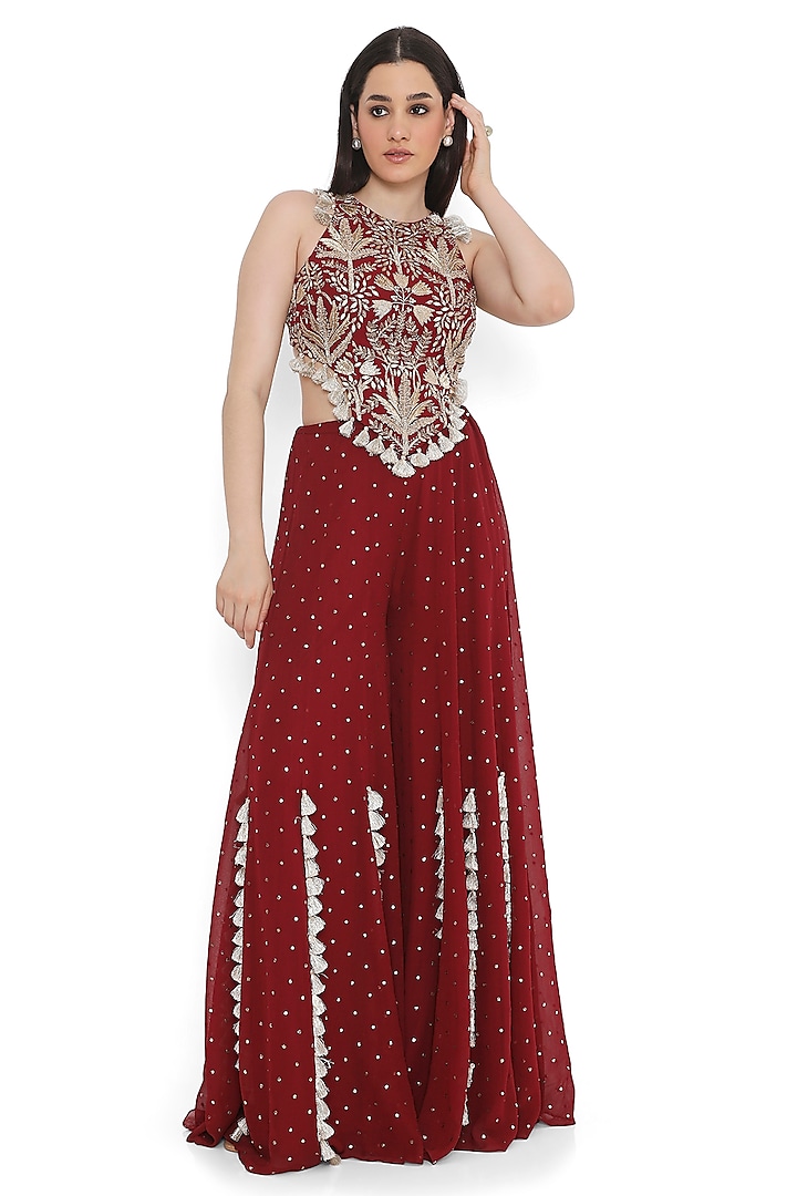 Maroon Mukaish Georgette Sharara Set by Payal Singhal at Pernia's Pop Up Shop