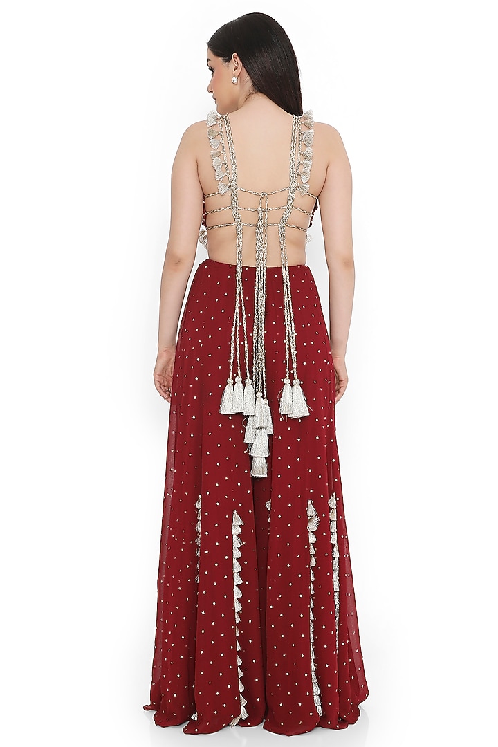 Maroon Mukaish Georgette Wedding Sharara Set by Payal Singhal at Pernia's Pop Up Shop