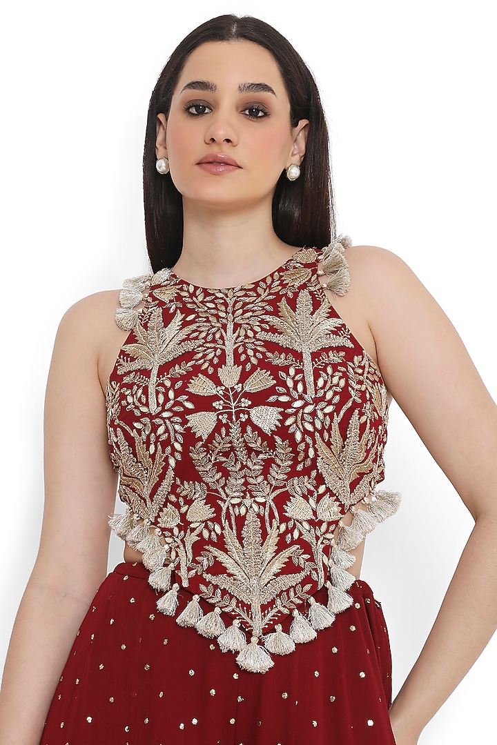 Maroon Mukaish Georgette Wedding Sharara Set by Payal Singhal at Pernia's Pop Up Shop