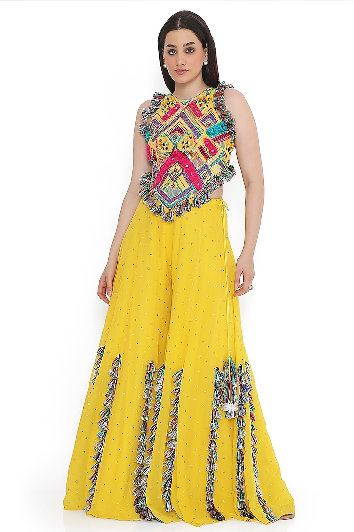 Yellow Mukaish Georgette Sharara Set by Payal Singhal at Pernia's Pop Up Shop