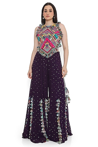 Purple Mukaish Georgette Sharara Set by Payal Singhal