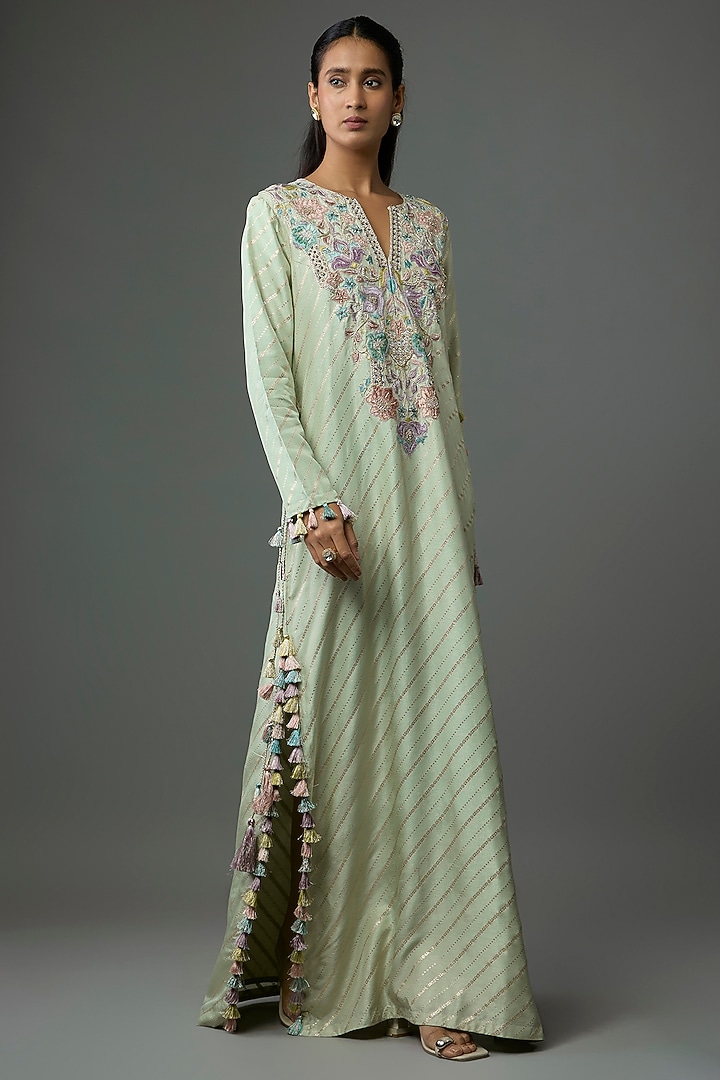 Mint Green Dola Silk Embroidered Kaftan by Payal Singhal at Pernia's Pop Up Shop